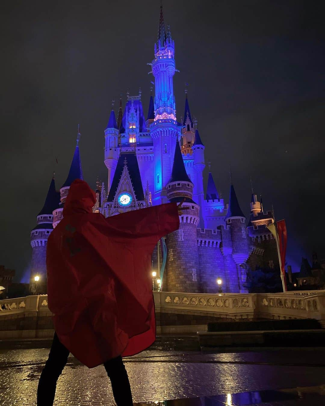 相川友希のインスタグラム：「大雨のディズニー💙☔️ #TDL #雨の日のディズニー　#雨の日限定パレード　#成長の驚き　#逆さ富士ならぬ逆さミッキー　#逆さシンデレラ城　#アルコール  ランドでビール飲めるようになってた🍻 お城増えてた🏰 #行かない間に #進化 #お誕生日ランド #カッパ #雨ディズニーの楽しみ方」