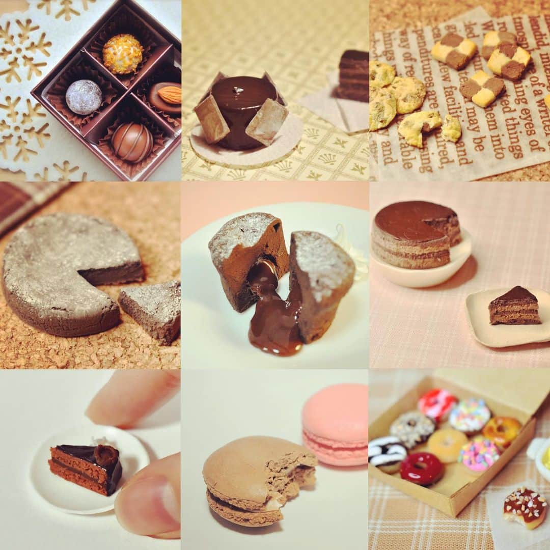 のインスタグラム：「Happy Valentine’s day! ねんどチョコを。  #miniaturefood #clay #clayart #nendol #hitomiokada #ねんドル岡田ひとみ #ミニチュアスイーツ #ミニチュアフード #バレンタイン #おねんどお姉さん」