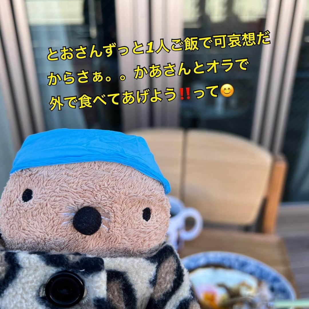 江口ともみさんのインスタグラム写真 - (江口ともみInstagram)「ご心配おかけしておりますが 今朝病院から連絡があり、私はPCR検査でも陰性でした✨  同じペットボトルで水飲んだりしてたのに。。免疫力が勝ったようです💪  なので更に徹底してとおさんの療養生活フォローをしなくてはです‼️  手袋の着脱の回数だけでも看護師さんの大変と有り難みを感じます  洗濯も汗掻いたりしたものはマメに洗い、お風呂は私の後に入って貰い 数時間に消毒作業へ  電気のスイッチとか触ったであろうところは全て。ゴミもビニール袋に入れるよう指示しておいて😊  当初から酸素飽和度が低めで心配で、主治医としてフォローして下さっている森田豊先生 @doctormorita に  「93になったら119番！」  と言われていたので、夜中も咳き込むのが聞こえたら行って測る。。 で、心配で眠れなかったのですが さらのすけがしっかり看病してくれてたので安心しました😊💕  で、本日昼頃にはちょっと咳が出るけど落ち着いたので、換気がてら外に出てリフレッシュ✨  隔離部屋はテラス前の部屋でトイレ洗面もあるので比較的管理はしやすい👍しかしテレビもなく食事も1人なので淋しい。。。  で、お天気も良かったので もぐたろうと外でランチして、中のとおさんとは携帯でお互いイヤホンしながら話せるように👂  食べる音が意外とうるさかったけど😅久しぶりの2人でのご飯でした  この光景なんか見た感じ。。。 と思ったら、コロナで会えない介護施設のおじいちゃんと娘って構図🤣  ここから私はまだまだ油断出来ないので、頑張って感染しないようにします  皆さんも本当にお気をつけ下さい‼️  #fumofumosan #フモフモさん  #もぐたろう#さらのすけ #のすけ#ドサカ#ドサちゃん #PCR検査陰性 #自宅療養生活#隔離部屋 #酸素飽和度 #新型コロナウィルス  #対面ランチ #テラスでランチ🍴」1月22日 16時52分 - tomomin.eguchi