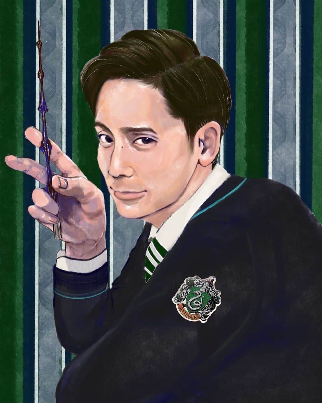 のインスタグラム：「. 知り合いが描いてくれた！ めちゃくちゃ上手い！ ハリーポッターシリーズ大好きだから嬉しい。 僕はスリザリンっぽいらしいです。笑 プロフィールの画像これにしよかな  なんかまた観たくなってきた。 もう観るの何回目だろう。笑  #ハリーポッター  #ホグワーツ  #スリザリン  #ニワトコの杖  #死の秘宝  #harrypotter  #slitherin」