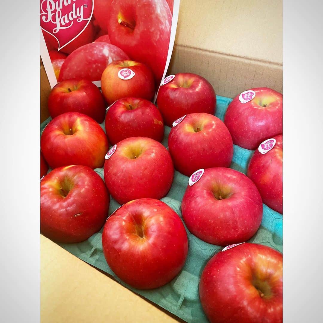 神室舞衣のインスタグラム：「お取り寄せ🍎 酸味と歯応えのある #ピンクレディ 去年頼もうと思ってたけど迷って 今年は思い切ってポチり☺️ 届いた箱もピンクで可愛くて🧡  毎日小腹が空いたら食べてます さくちゃんとこたちゃんもおやつ代わりに大満足✌️ 花まるもりんご好きだったな〜☺️  あとはこの林檎でアップルパイ作るのが楽しみです。 絶対美味しい、もう美味しい☺️🍎 基本シンプル派だけどカスタード入れても良いよな〜 迷いどころだなぁ🤯 シナモンの量とかでも変わるし、 味の幅がかなり広いからアップルパイって食べ物は楽しいよね✨」