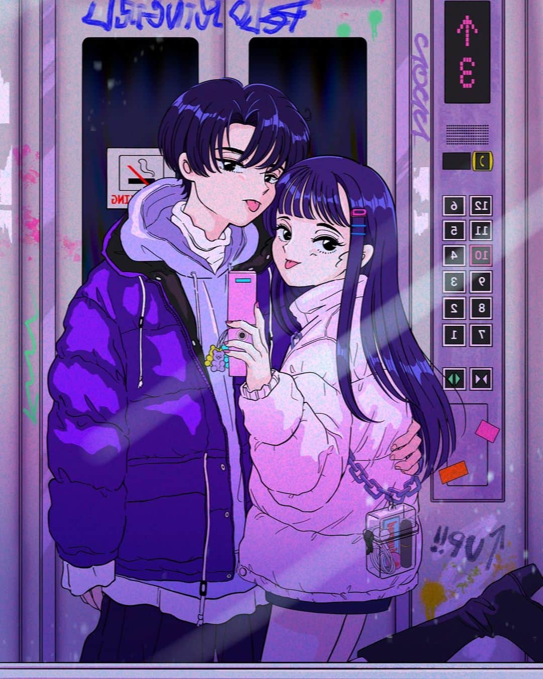 佐藤なつみのインスタグラム：「誰も乗って来ないで👅  ・－・－・－・－・－・－・－・－・－・  ちょっと治安悪いエレベーター🛗笑 久しぶりの2人を描きました🌙 最近フォローしてくれた方は 昔の投稿遡って見つけてみてね💘  #エモい #illustration #illustrator #art #drowing #90s #絵 #イラスト#オリジナル #カップルイラスト#女の子イラスト #ガールズイラスト #古着コーデ #古着 #カップル #イラストレーター #エレベーター #鏡」