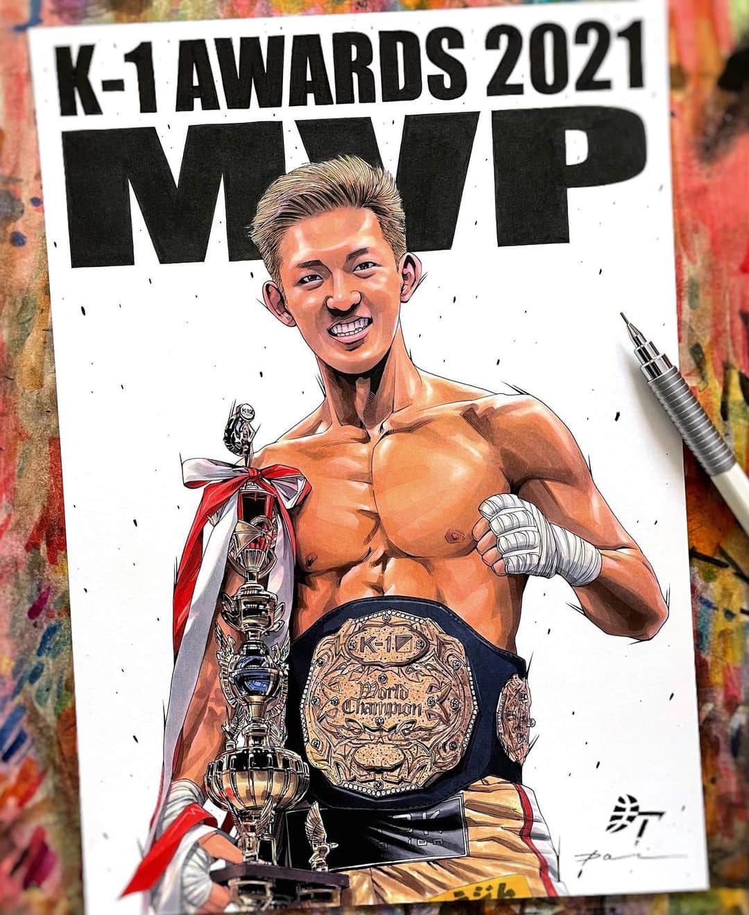 田村大さんのインスタグラム写真 - (田村大Instagram)「@nm_k1 × @dai.tamura  ・ 本日は @k1wgp_pr Awards 2021の表彰式でした✨ 僕はMVP用の絵を描かせて頂きました🏆 ・ 野杁選手おめでとうございました✨」1月26日 22時02分 - dai.tamura