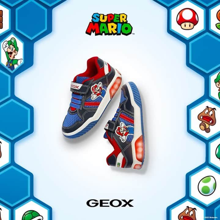 ジェオックスのインスタグラム：「Say hello...to a new Super Mario collection. Watch them get lost in playtime, with creative sneakers that are focused on fun. Breathable, playful sneakers that give comfort and support to little feet on the move.   #geox #geoxshoes #geoxkids」