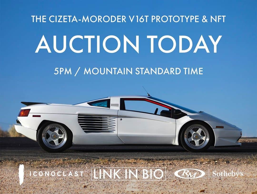 ジョルジオ・モロダーのインスタグラム：「AUCTION TODAY: RM Sotheby's X Giorgio Moroder: The Cizeta-Moroder V16T prototype & #NFT (LINK IN BIO)  w/ @thisisiconoclast @rmsothebys @nftproofficial @jeremyianthomas  #GiorgioMoroder #NFTPro #RMSothby's #supercar #racecar #lamborghini #porsche #ferrari #mclaren #mercedesamg」