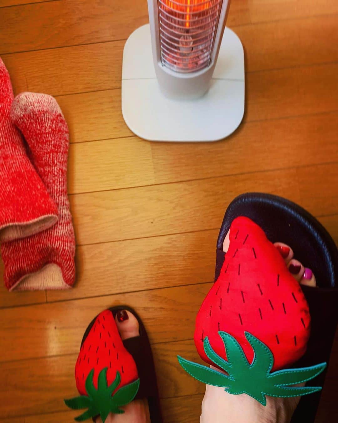 あだちなみさんのインスタグラム写真 - (あだちなみInstagram)「仕事部屋より・今日のスリッパ 苺ちゃん🍓 大人ですがこういうのに弱い、 だって苺ちゃん🍓 ヒーターの前で靴下脱いで履く、 かわゆい🍓 今日はこれで作業。  #今日のスリッパ #jwanderson #あだちなみ やっぱり冷えるから靴下履きます 夏になったら素足で外で履く」1月28日 10時47分 - adachi_nami