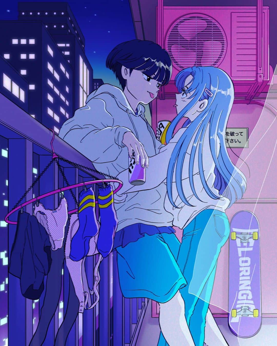 佐藤なつみのインスタグラム：「ベランダデート🌙  ・－・－・－・－・－・－・－・－・－・  またまた久しぶりの2人です👫💙  #アニメーション #anime #エモい #illustration #illustrator #art #drowing #90s #絵 #イラスト#オリジナル #カップルイラスト#女の子イラスト #ガールズイラスト #古着コーデ #古着 #カップル #イラストレーター」