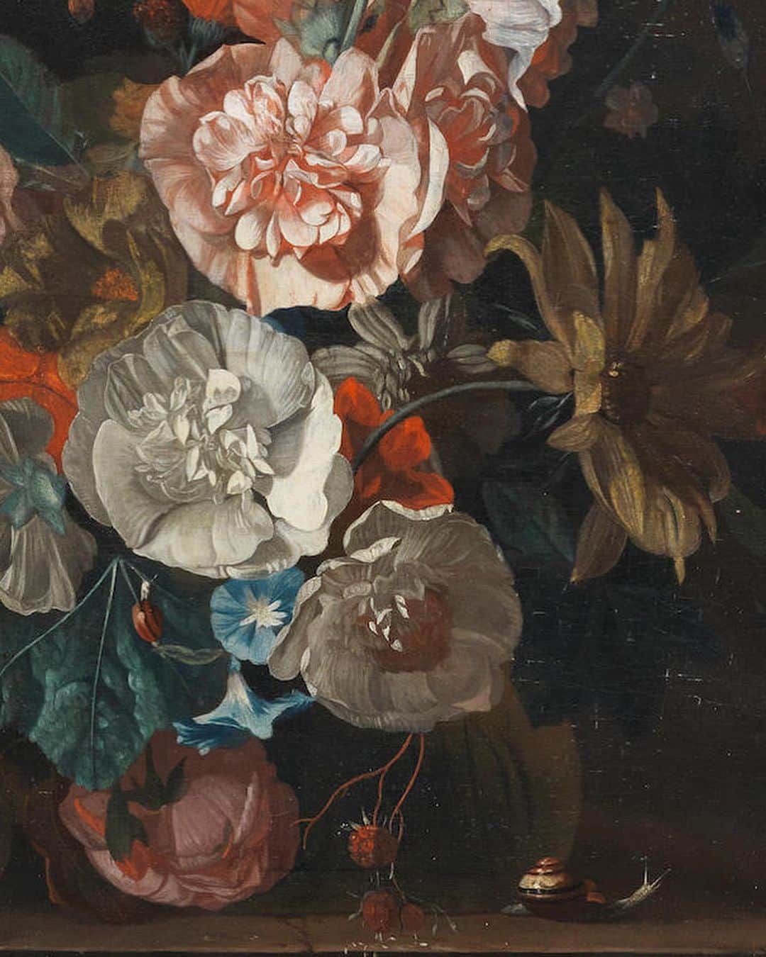 ベッキー・クルーエルのインスタグラム：「It’s all about the details 🔍 if you walk past, you may miss it. But stand and stay for a while, and you start to notice little creatures dwelling between the flowers. Is that a beautiful leaf, or a butterfly’s wing?⁣ ⁣ These captivating details continue to draw the viewer in. Still life paintings from the mid-millennium captured the beauties of the natural world, and all its creatures, and looking deeper still, it’s further intriguing to imagine the meanings these insects could convey.⁣ ⁣ A butterfly, freed from her cocoon, represents one beautiful yet sorrowful stage of the divine cycle of life - and meanwhile, the caterpillar, another, more hardy and earthen, less beautiful, but closer to birth than death. ⁣ ⁣ Spiders, symbolic of fear and sorrow, creep across the painted pages too, along with beetles (great jewels of nature).⁣ ⁣ One thing’s for certain - a snail is certainly slow enough to make an excellent subject for still life.⁣ ⁣ ⁣ ⁣ 🦋 #artdetails #classicalartdetails #natureartdetails #artcloseup #closeuppainting #fineartdetail #arthistory #historyofart #historyart #arthistory101 #artandhistory #arthistorynerd #classicalpainting #freshflowerarrangement #arrangementflower #17thcenturyart #17thcentury #flowerstilllife #painterly #botanicaldaydreams #dutchstilllife #janvanhuysum #rachelruysch #mariavanoosterwijck #1600sart #1600s #tulipmania #floralfriday #snails #gastropod」