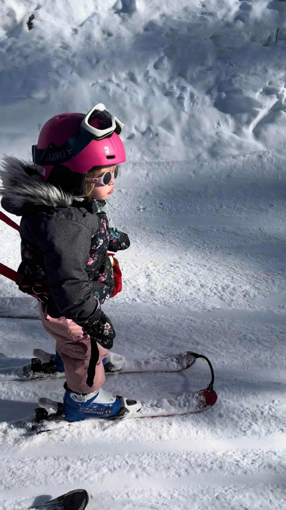 エイミー・ウィラートンのインスタグラム：「Took our girl skiing on the big mountain yesterday! I’m so curious as to what is going through her little mind - what do you think?!😍 ps spot the dog in the bag lol   #toddlerskiing #2yearsold  #switzerland #skiing #wintersports #toddlerlife #skiingwithkids #babygirl」