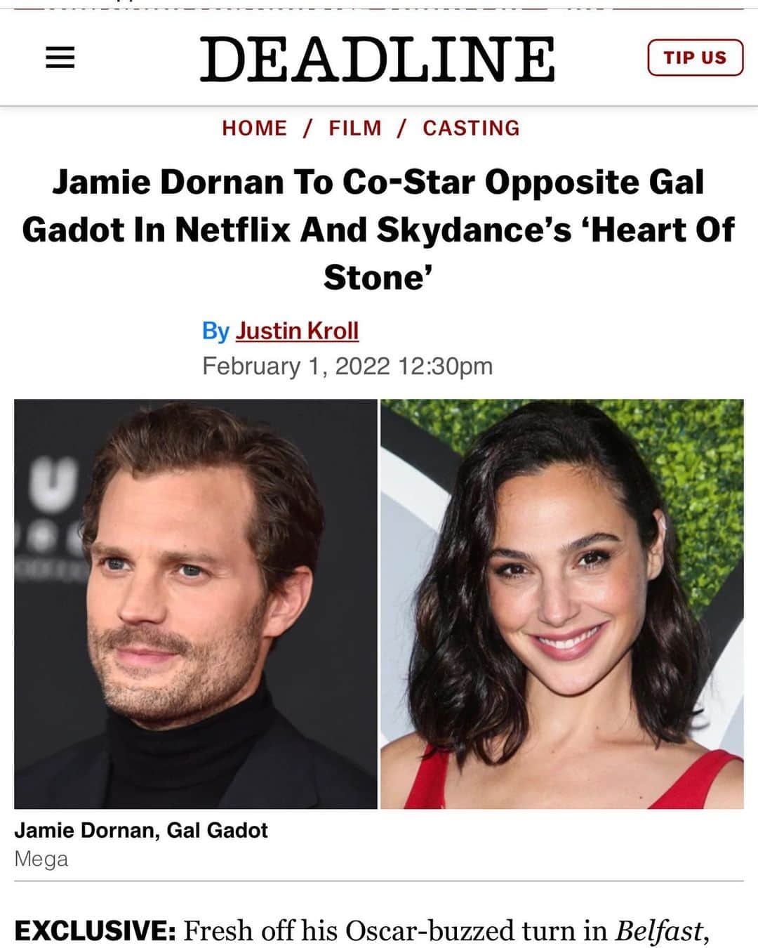 ガル・ガドットのインスタグラム：「Welcome to Heart of Stone @jamiedornan let’s kick some ass together and have fun doing it 💪🏼😉 Can’t wait to start this journey @netflix @pilotwavemotionpictures @jaronvarsano @skydance #mockingbirdpictures」