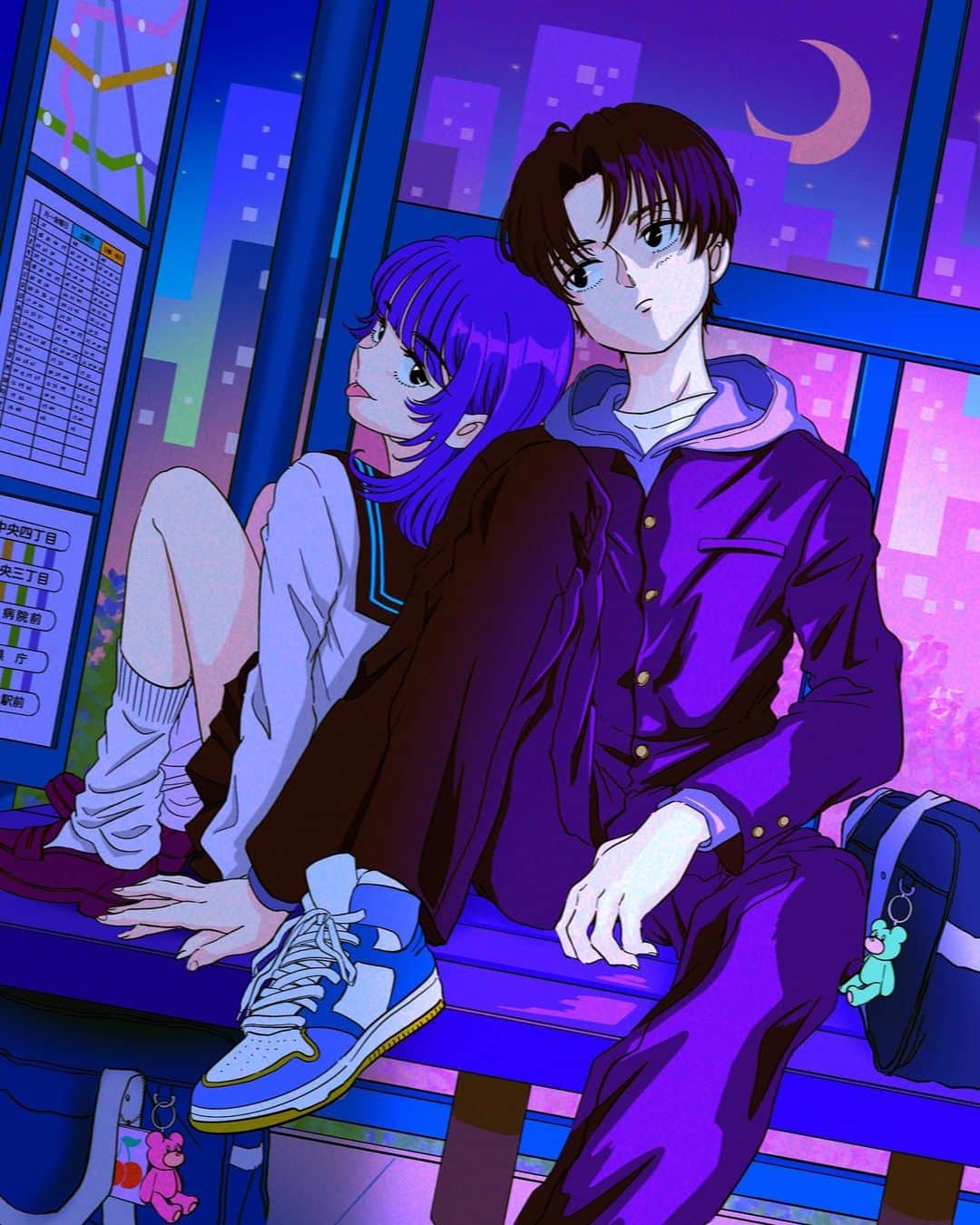 佐藤なつみのインスタグラム：「このままバス来なきゃいいのに🚌🌙  ・－・－・－・－・－・－・－・－・－・  #アニメーション #anime #エモい #illustration #illustrator #art #90s  #イラスト#オリジナル #カップルイラスト#女の子イラスト #ガールズイラスト #制服 #jk  #学生 #カップル #イラストレーター」