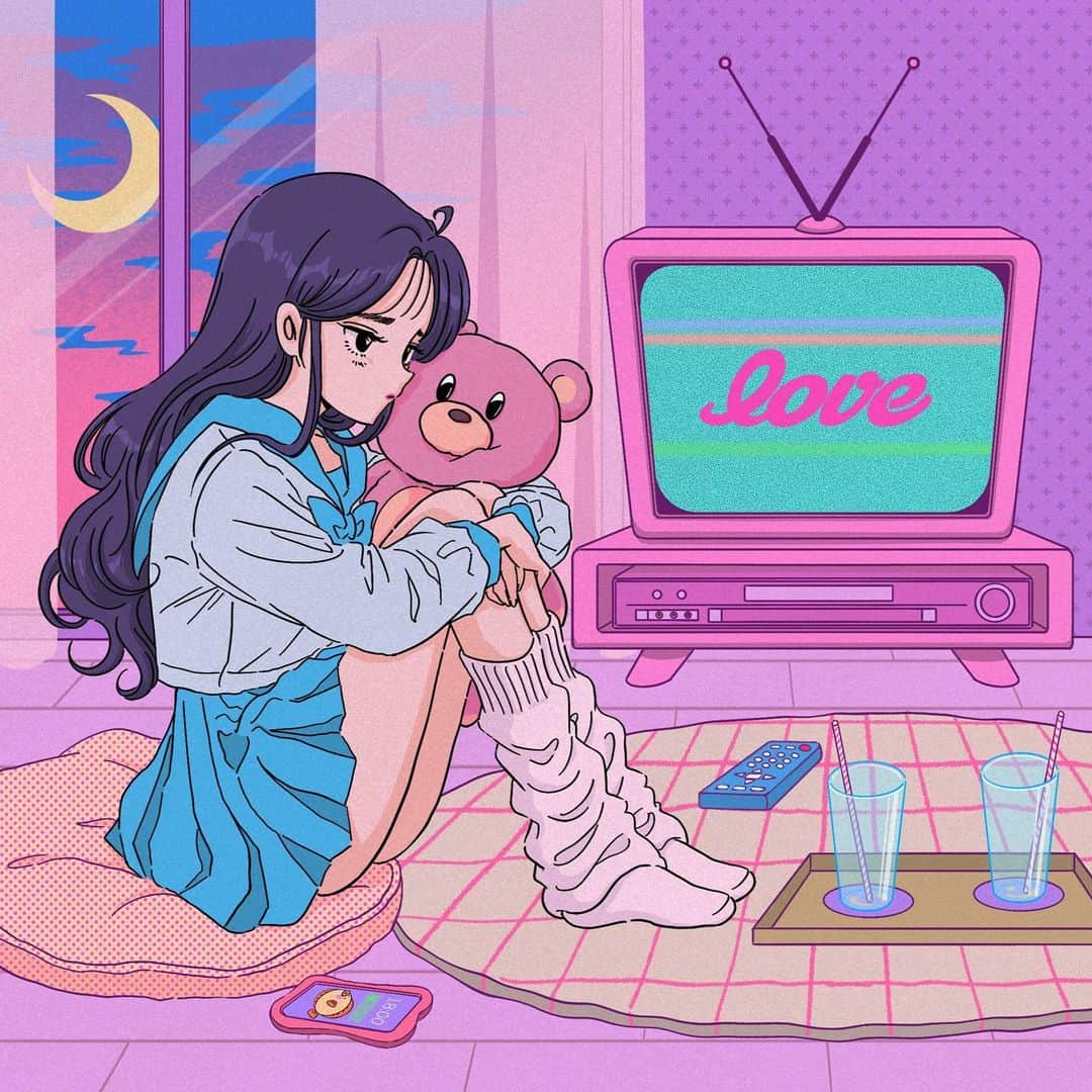 佐藤なつみのインスタグラム：「【お知らせ】 「ポケットからキュンです!」で有名なひらめ様( @hirame811 )の新曲「love」のジャケットアートワークとリリックビデオを担当させて頂きました🌙  YouTubeで現在公開中なので 皆さん是非ご覧下さいね💓 https://youtu.be/1OTn6eU3Jq4  #イラスト#イラストレーション#イラストレーター#お絵描き#イラストグラム #女の子イラスト #ガールズイラスト#mv #アニメーション #音楽 #illust #illustration #エモい」