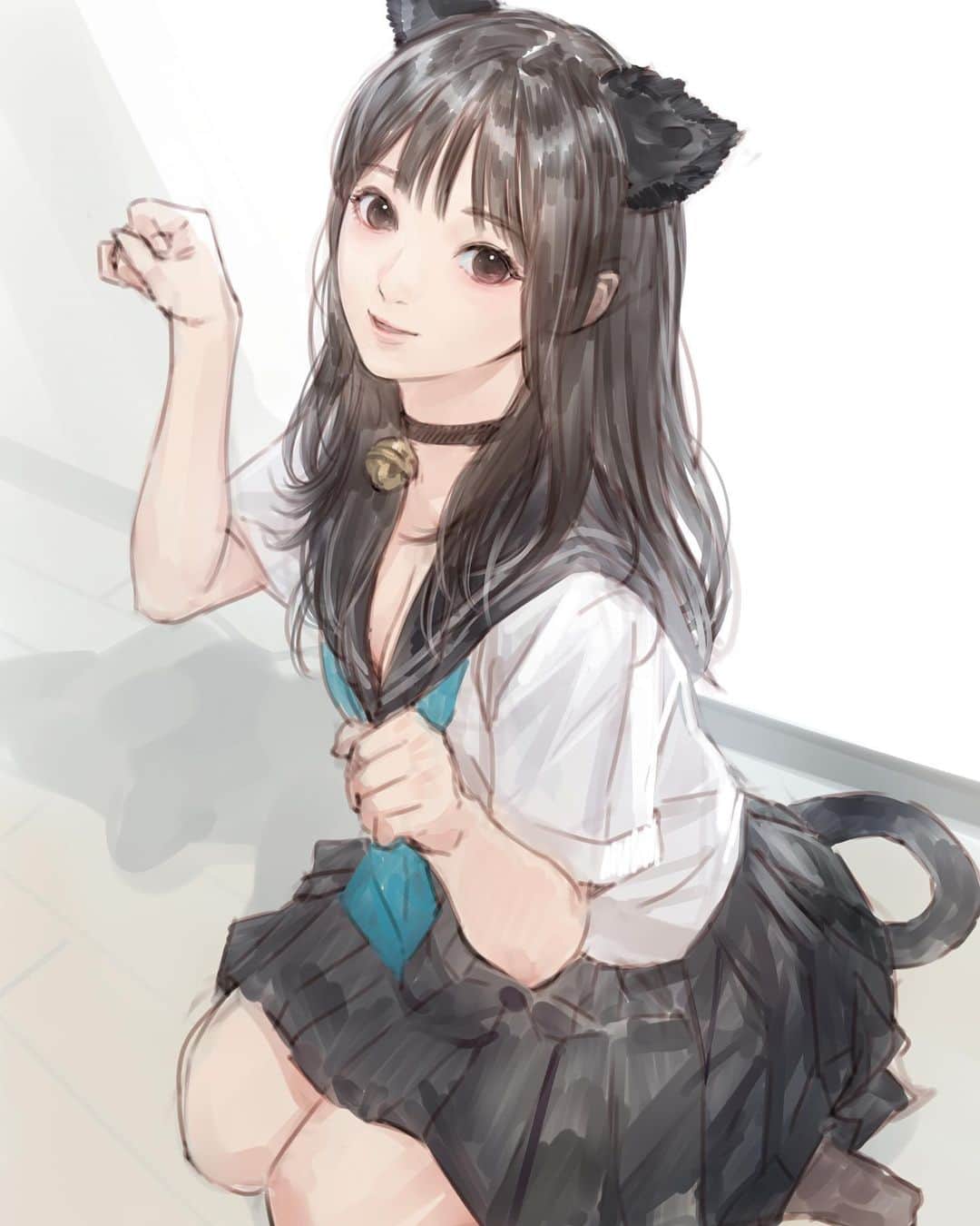 岸田メルのインスタグラム：「#illustration #illustrator #girl #schoolgirl #岸田メル #猫耳 #猫コスプレ #イラスト #イラストレーター」