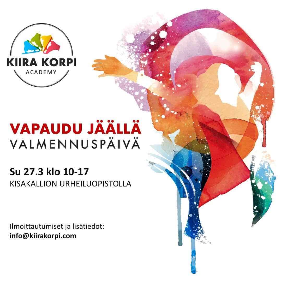 キーラ・コルピのインスタグラム：「⛸ Ensimmäinen kokonaisvaltainen Vapaudu Jäällä -valmennuspäivä järjestetään su 27.3. klo 10-17 Kisakallion urheiluopistolla.  🔅Positiiviseen psykologiaan perustuva valmennuskonsepti on suunniteltu täydentämään eri seurojen, eri-ikäisten ja -tasoisten luistelijoiden nykyistä valmennusohjelmaa.  🔅Valmennuspäivä koostuu erilaisista jää-, oheis- ja ryhmäharjoituksista, jotka vahvistavat erityisesti luistelijan itsetuntoa, kokonaisvaltaista suorituskykyä ja kokemusta luistelun ilosta.  🔅Ohjelmaan valitaan 12 eritasoista ja -ikäistä luistelijaa, josta syntyy ainutlaatuinen ja voimaannuttava ryhmädynamiikka.  🔅Valmennuksen hinta on 395 euroa sisältäen kaiken tarvittavan lounaasta välipaloihin.  🔅Ilmoittautumiset helmikuun loppuun mennessä. Lisätietoja: info@kiirakorpi.com」