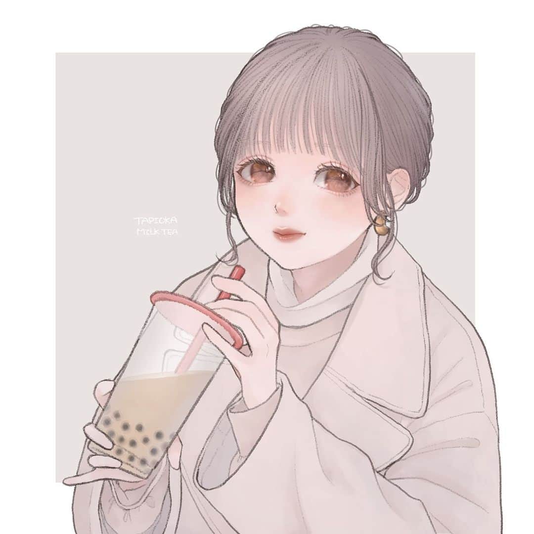 胡月のインスタグラム：「. . . 君とタピオカミルクティー🧋 . . . . .  #illustration #illust  #イラスト #イラストグラム  #ファッションイラスト  #女の子イラスト」