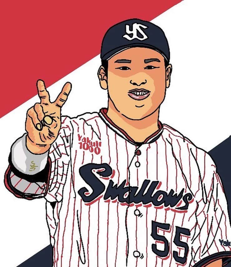 村上宗隆のインスタグラム：「僕自身の第一クールが終わりましたー！ とても順調ですが、、久しぶりに筋肉痛です💪  そして！19万人のフォロワーの皆様ありがとうございますー👍 九州学院の先輩でもあるWANIMAのフジくん（藤原さん）が絵描いてくれました😳😳  第二クールも頑張りまーす！ 次のクールから外でバッティング開始するかも？？」
