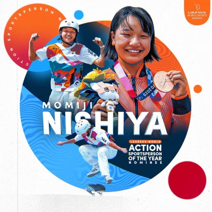 西矢椛のインスタグラム：「✨ Today we're celebrating Laureus World Action Sportsperson of the Year Award Nominee, @momiji_nishiya830   #Laureus22  @olympics | @team_nippon」
