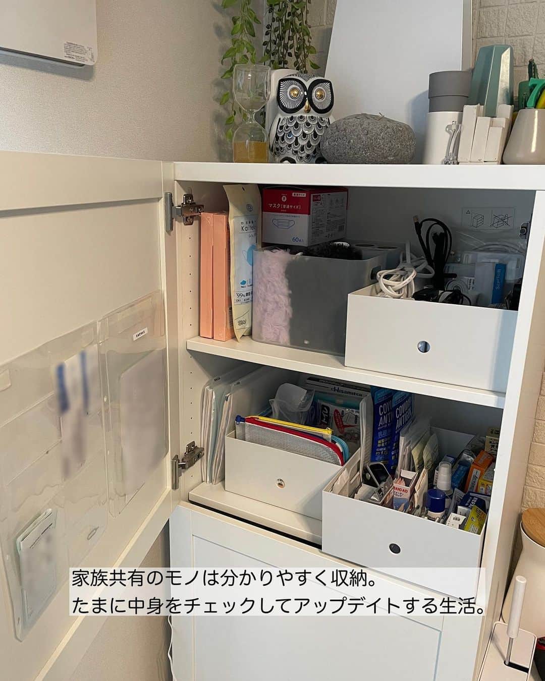 上田麻希子さんのインスタグラム写真 - (上田麻希子Instagram)「. . #uedmkkリビング収納 ⁡ 「ねかせて手放すか、いま手放すか」 ⁡ 息子と私のアレルギーの薬を大量に貰い ついでに薬箱の見直し。 ⁡ そこで多分3年位は使っていないものを あらためて発見。 ⁡ 当たり前のようにあったけど 場所とる割に使っていないなと。 冷凍庫に鎮座している場合も多いですよねw ⁡ 子供がもう少し小さい頃は使っていたけど 熱を出すこともほぼなくなり キャンプをはじめたから大きめの保冷剤が家にはある。熱さまシートもある。 もし必要になればそれを使えばいいか！と思った１つです。 ⁡ 整理の基本でもある 「必要」「不必要」 「代替えできるものある？」 ⁡ お片づけをはじめた頃 後ろめたい気持ちと罪悪感に襲われましたが、手放した事により 他で代用できるものを検索したり 何とかしようと考える事も増えました。 ⁡ 何より空間ができる。収納スペースが増える。 ⁡ 4月から新生活を迎えようとしている方も多いと思いますが小さなモノでも「今」の生活を優先して進められるといいですよね☺︎ . . #リビング #リビング収納 #IKEA #無印良品 #日用品 #薬 #薬収納 #可視化 #見える収納 #ライフスタイルアップコーディネーター #整理収納アドバイザー #整理収納 #お片づけ #収納 #日々の暮らし #暮らしを楽しむ #マンションライフ #マンション暮らし #子育て #子供と犬の生活 #uedmkk収納」3月8日 8時57分 - uedmkk