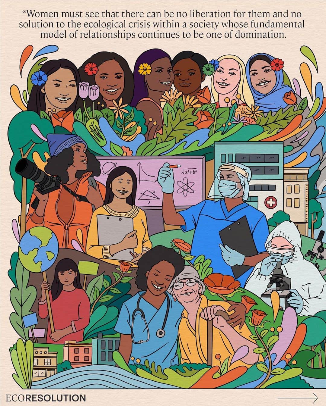 カーラ・デルヴィーニュのインスタグラム：「Happy International Women’s Day ✨🌏✨  The liberation of women globally and the putting in place of transformative solutions to the ecological emergency can only occur in a lasting way when we shift from cultures of domination to cultures based on partnership.   Artwork by @wei.grafik   ____________ #iwd #iwd2022 #internationalwomensday #ecofeminism #women #womensday #womensrights #liberation」