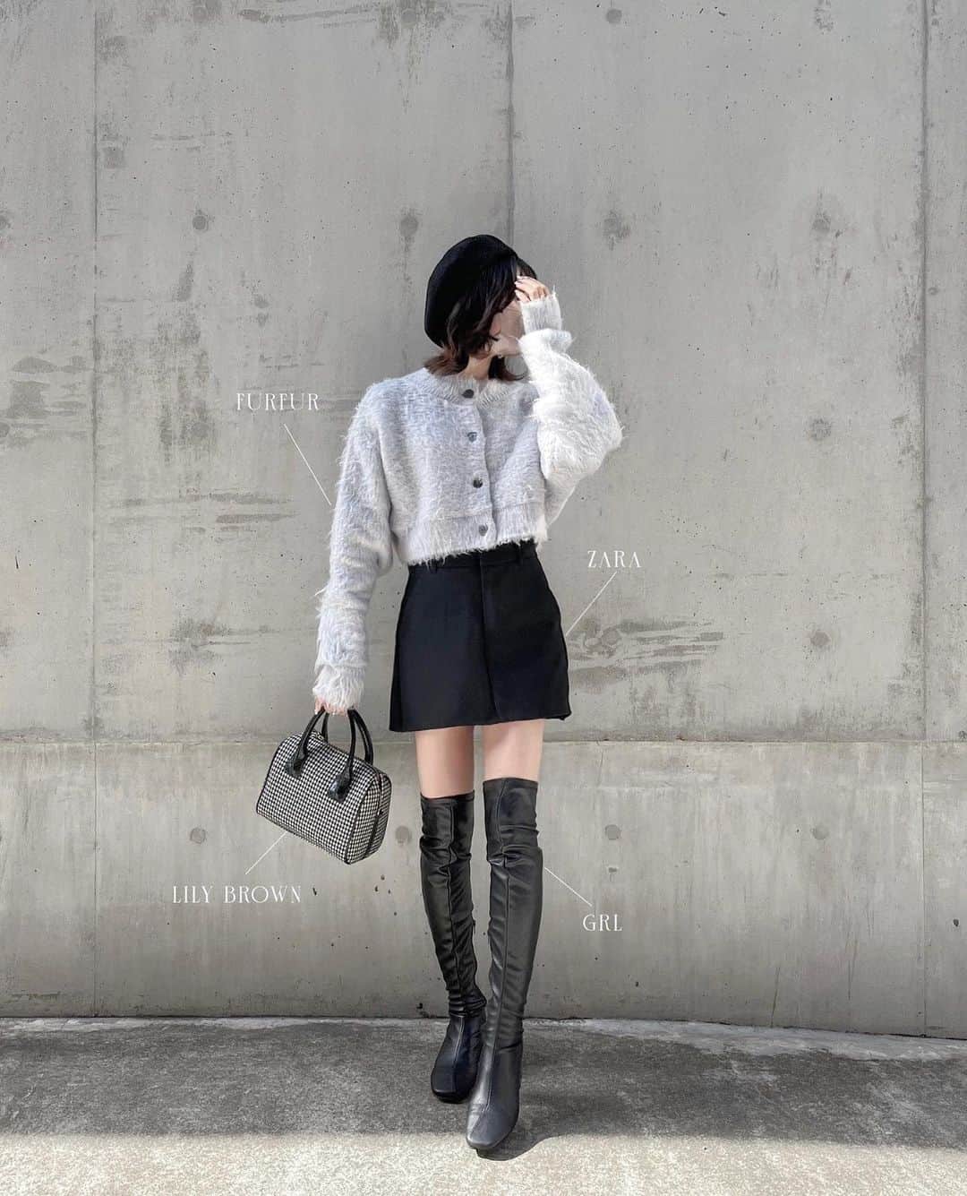 ayaのインスタグラム：「🤍🎧🥛  GRLのブーツどれも歩きやすくて 今季もたくさんお世話になった₍₍👢⁾⁾  このニーハイブーツも たくさん歩いてもぜんぜん 疲れないദി^._.^)🔗  @grl_official   #grl #grl購入品 #grlコーデ #furfur #lilybrown #zara #グレイル #グレイル購入品 #グレイルコーデ #リリーブラウン #ザラ #ベレー帽 #カーディガンコーデ #ブーツコーデ #ニーハイブーツ」