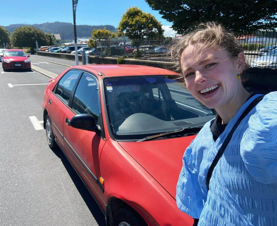 Anna Grimaldiのインスタグラム：「I had to say goodbye to coolest Toyota Corolla this week! Thank you @cooke_howlison_toyota for your support and for letting me drive around in style for the last 6 months with a big jumping Anna on the side!  Its back to the old red girl for me ❤️」