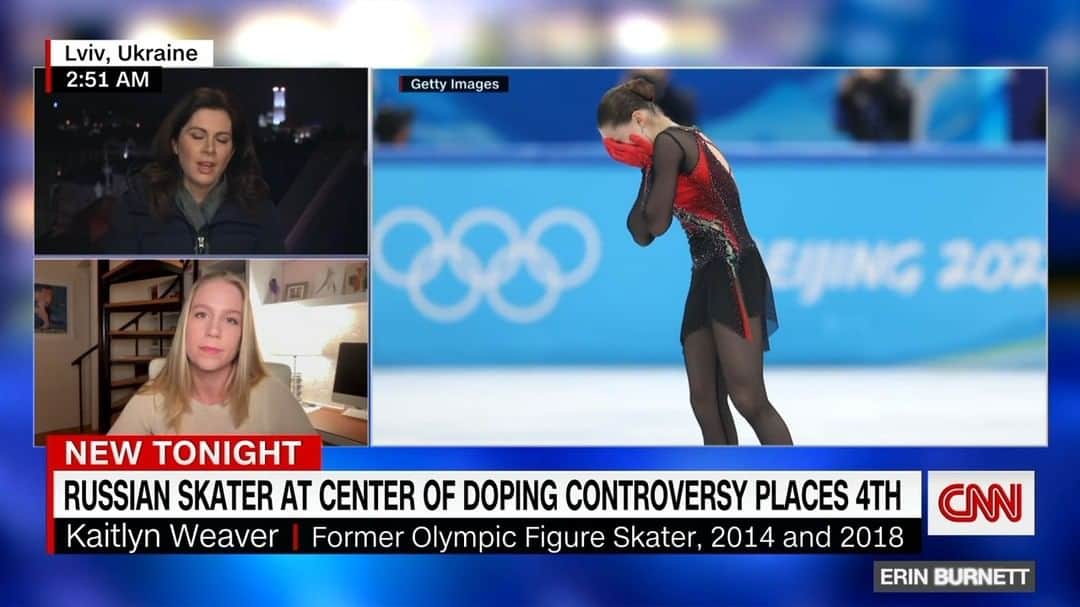 ケイトリン・ウィーバーのインスタグラム：「The darkest day for Olympic sport.   CNN with Eric Burnett.  #OlympicGames #CNN #erinburnett #kamilavalieva #figureskating」