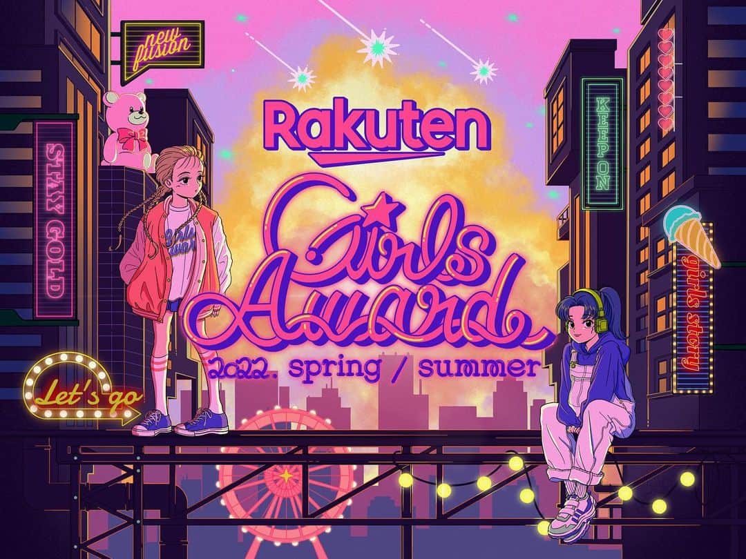 佐藤なつみのインスタグラム：「★Rakuten GirlsAward 2022 SPRING/SUMMER のキーヴィジュアルを描かせて頂きました！🧸💘  2022.5/14(sat)@幕張メッセ🍒  今回2年ぶりの開催ということで、 様々な気持ちをイラストに込めました！😌✨ 公式WEBサイトで公開しておりますので チェックしてみてね♪  https://girls-award.com/ @girlsaward_official   改めてこのような大きなお仕事を担当させて頂き、 とても光栄ですし身に余る想いです…！！ 普段表現している自分の良さを 十分に組み込めた大作になったと思っています🥰 是非会場でも皆さんに見て頂けると嬉しいです！✨  本日よりLINE友だち限定先行チケット販売スタート🚀 ▶︎申込は【2/27(日)23:59】まで！！ ぜひ遊びにきてね♡  #Rakuten #GirlsAward #楽天 #ガールズアワード #ガルアワ #RakutenGirlsAward2022SS#ガルアワ2022SS #イラストレーター #イラスト #ガールズイラスト #アニメーション #anime #女の子イラスト #illustrator」