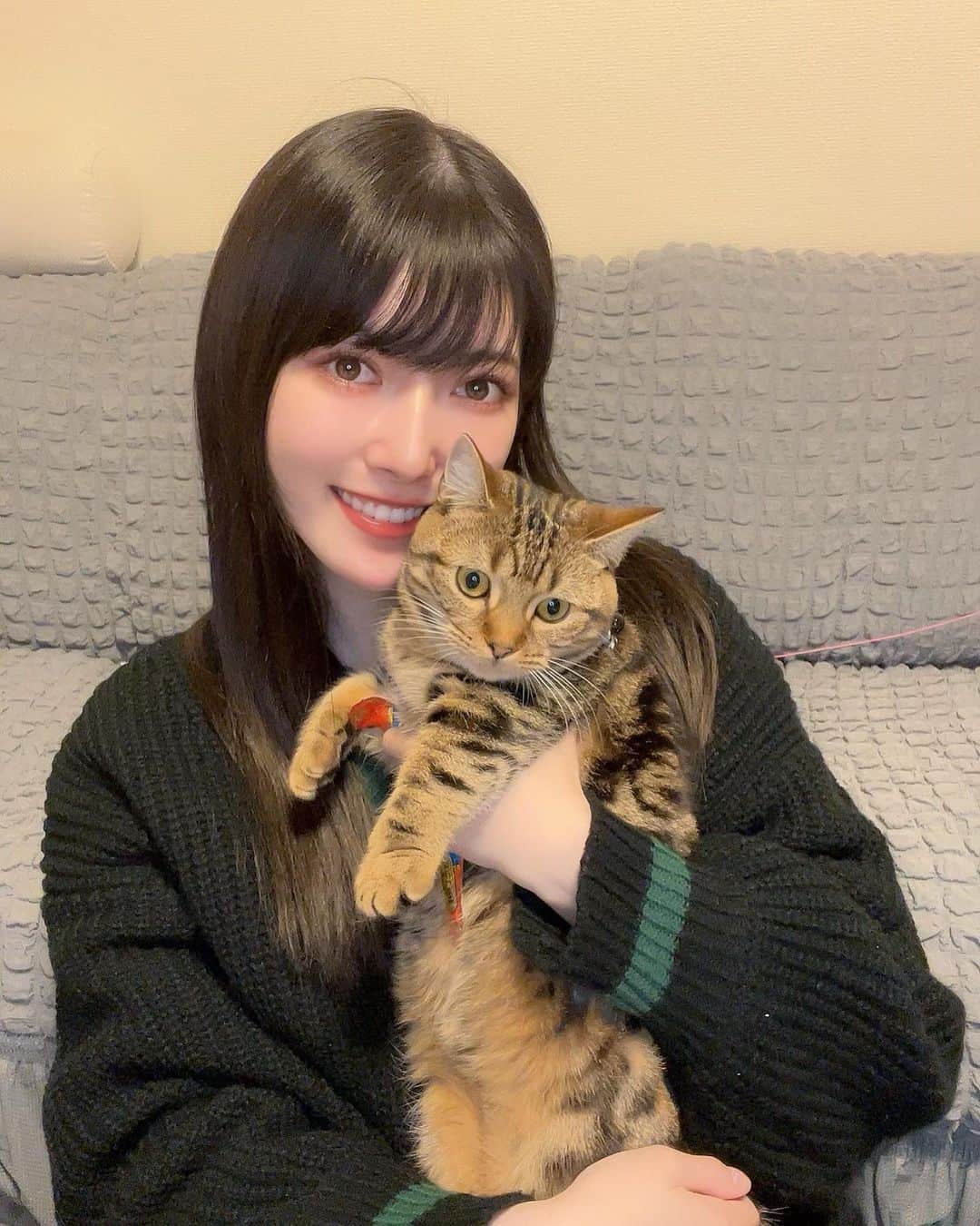 日下部美愛のインスタグラム：「撮るのにとても苦戦した2ショットです #猫の日 #にゃんにゃんにゃんの日   #猫 #cat #고양이 #マンチカン #photo #japan #model #me #hair #fashion #selfie #makeup  #followme #instagood #camera #instadaily #dailylook」