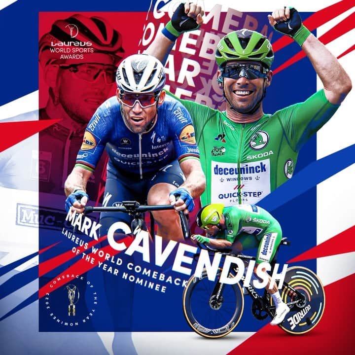 マーク・カヴェンディッシュのインスタグラム：「🤩 2021 saw @markcavendish equal the record for most @letourdefrance stage wins  Those heroics in France were part of a hugely successful year for the #Laureus22 World Comeback of the Year Award Nominee and we’ll take a closer look at his achievements on our channels today 👏」