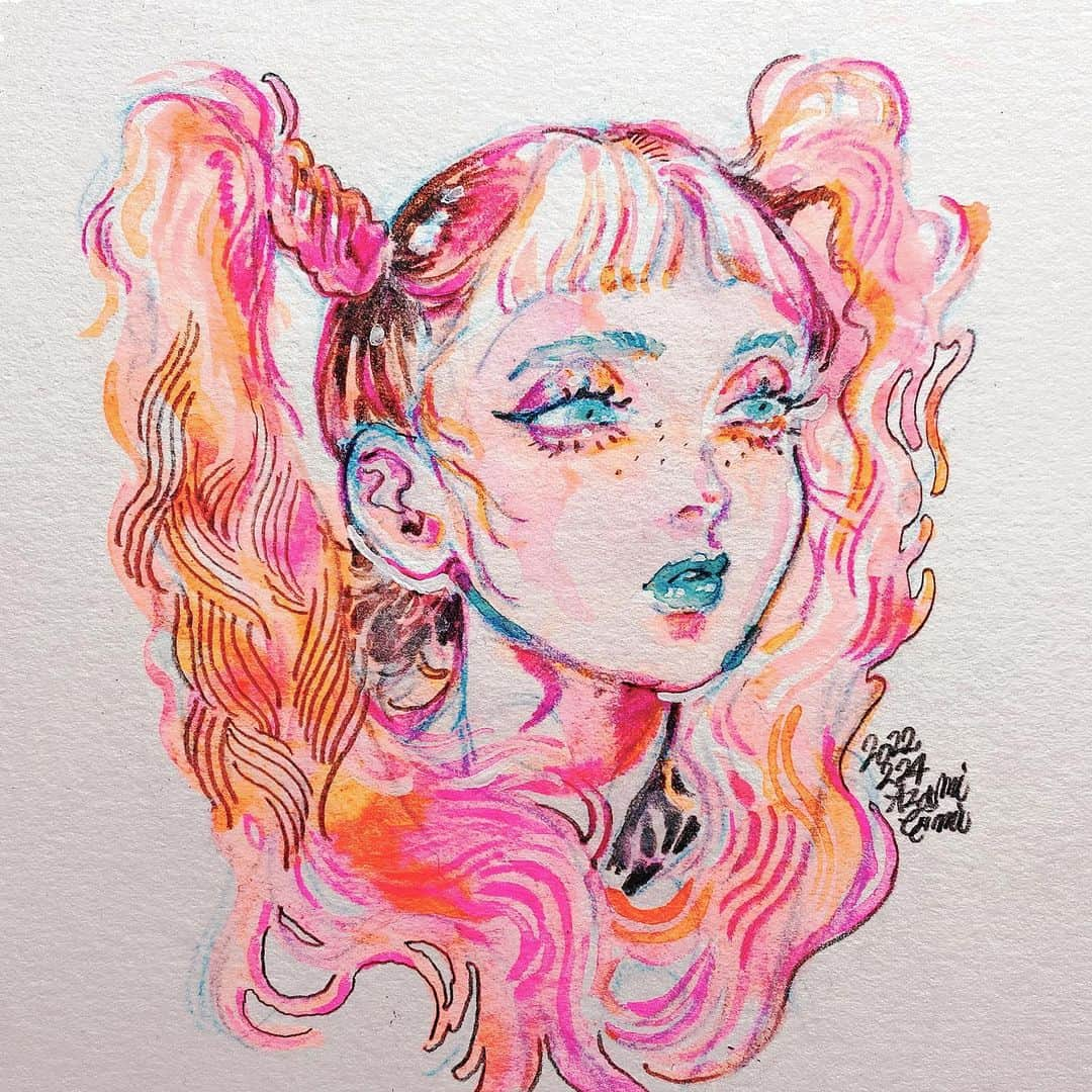 eimiさんのインスタグラム写真 - (eimiInstagram)「🧡💗🤍🍣🥫🧶#水彩イラスト#水彩插畫#イラストレーション#eimi#AzamiEimi#illustration#drawing#girlsillustration#artwork#watercolorpainting#newretoro」2月25日 0時52分 - mqv_eimi