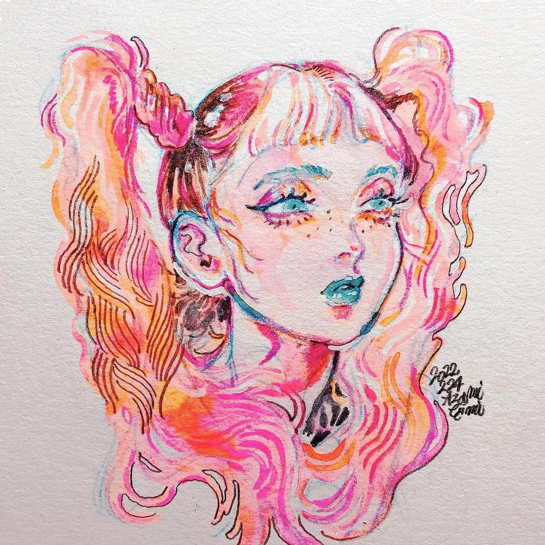 eimiのインスタグラム：「🧡💗🤍🍣🥫🧶#水彩イラスト#水彩插畫#イラストレーション#eimi#AzamiEimi#illustration#drawing#girlsillustration#artwork#watercolorpainting#newretoro」