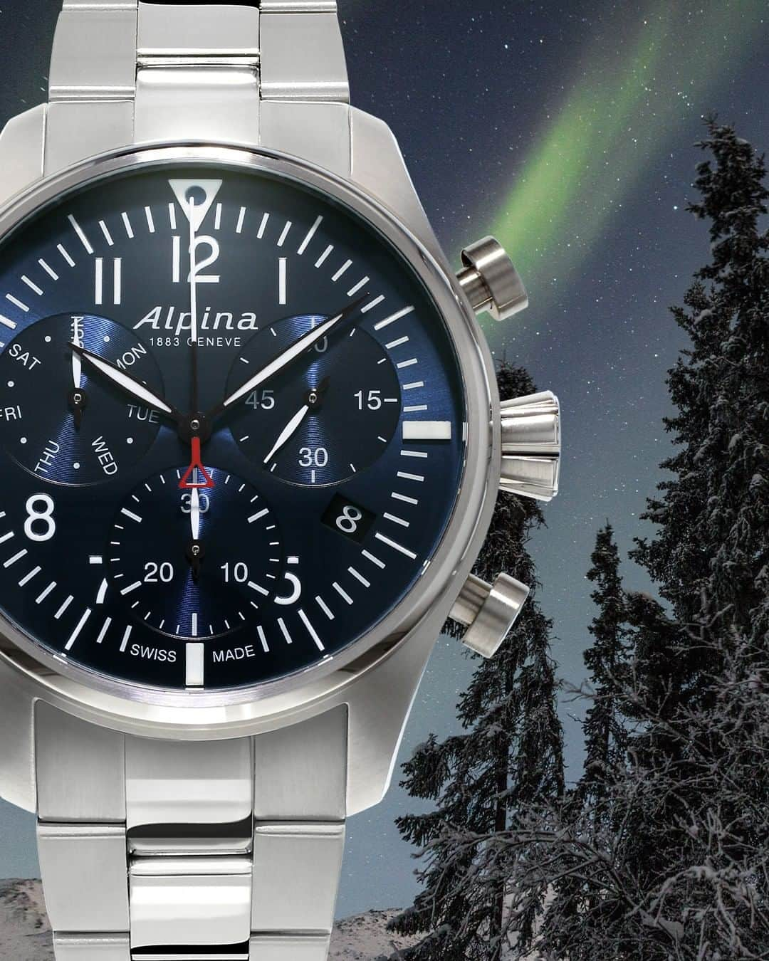 Alpina Watches Japanのインスタグラム：「澄んだ空気の中で満点の星空を眺める。そんな時間をより幸せに演出してくれる ㅤㅤㅤㅤㅤㅤㅤㅤㅤㅤㅤㅤㅤㅤㅤㅤㅤㅤㅤㅤㅤㅤㅤㅤㅤㅤ 文字盤の深いネイビーブルーに映える、インデックスや針の白。スポーティなイメージの強いクロノグラフながら、クールな配色とシルバーケースが相まってスタイリッシュな印象を醸し出します。アウトドアで頼れるパイロットウォッチならではの高い機能性と、洗練されたルックスを併せ持つモデルです。 ㅤㅤㅤㅤㅤㅤㅤㅤㅤㅤㅤㅤㅤ 《スタータイマー パイロット クロノグラフ》 AL-371NN4S6B ¥101,200 (税込) クォーツ、10気圧防水、ステンレススチール . . . . . . #Alpina #AlpinaWatchesJapan #swissmade #swisswatch #watch #wristwatch #sportwatch #outdoor #startimer #pilot #chronograph #アルピナ #アルピナウォッチ #スイス時計 #時計 #腕時計 #スポーツウォッチ #アウトドア #時計好きな人と繋がりたい #パイロット #クロノグラフ」