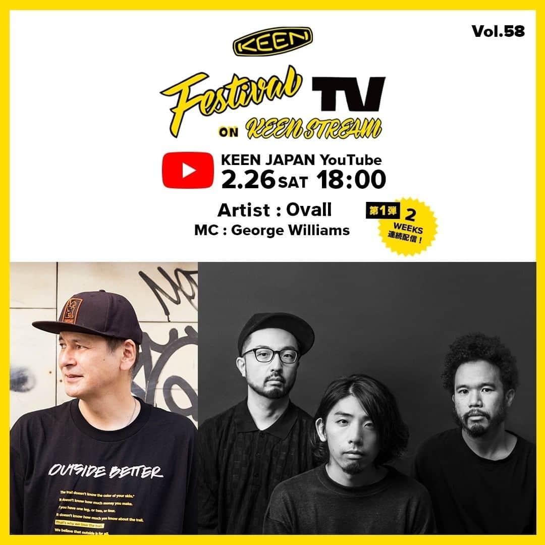 Ovallのインスタグラム：「#KEEN のYouTube番組「Festival TV on KEENSTREAM」に出演！  ライブはもちろん、ジョージ・ウィリアムズ氏とのトークもあり🗣✨  前編が本日 2/26(土) 18:00 にプレミア公開となりますので、チャンネル登録＆リマインダー設定してお待ちください🗓  ▶️ https://youtu.be/yGWm0YBmbZY」