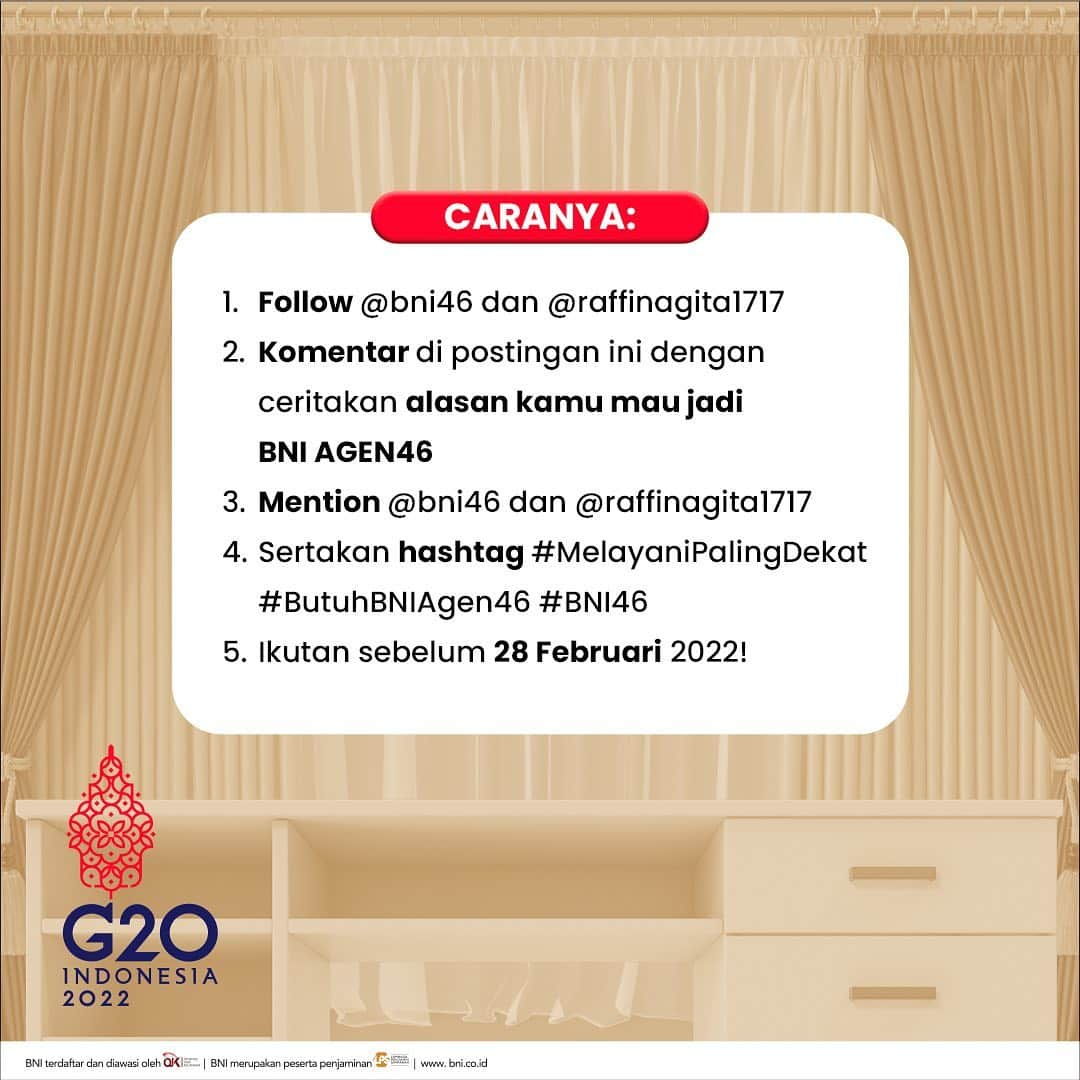 Raffi Ahmadさんのインスタグラム写真 - (Raffi AhmadInstagram)「Bagi-bagi hadiah jutaan rupiah lagi!! Karena kemarin Lala udah jadi BNI AGEN46, sekarang giliran kamu nih yang jadi BNI AGEN46! Karena gak ada ruginya guys! Nah aku mau tau nih cerita-cerita menarik dari kamu tentang alasan kamu mau jadi BNI AGEN46.   Nanti aku bakal pilih komen-komen yang aku suka buat dapetin hadiah jutaan rupiah dari aku! Gimana caranya?  1. Follow @bni46 dan @raffinagita1717 2. Komentar di postingan ini dengan ceritakan alasan kamu mau jadi BNI AGEN46 3. Mention @bni46 dan @raffinagita1717 4. Sertakan hashtag #MelayaniPalingDekat #ButuhBNIAgen46 #BNI46 5. Ikutan sebelum 28 Februari 2022 !  Siapa tau kali ini kamu yang beruntung buat menangin hadiahnya! #MelayaniPalingDekat #ButuhBNIAgen46 #BNI46」2月26日 20時04分 - raffinagita1717