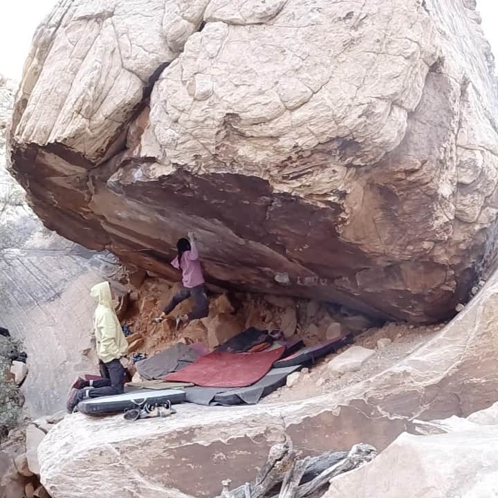 アレックス・パッチシオのインスタグラム：「Abaddon, V12/ 8A+ ✅ . Uncut footage of one of the first boulders I sent on our Red Rocks trip.  . It was a fun little trip! Nice to be back bouldering and on ROCK!! 😄🙏 . @scarpana @organicclimbing @roap.c @frictionlabs @kayaclimbing @puccioleary」