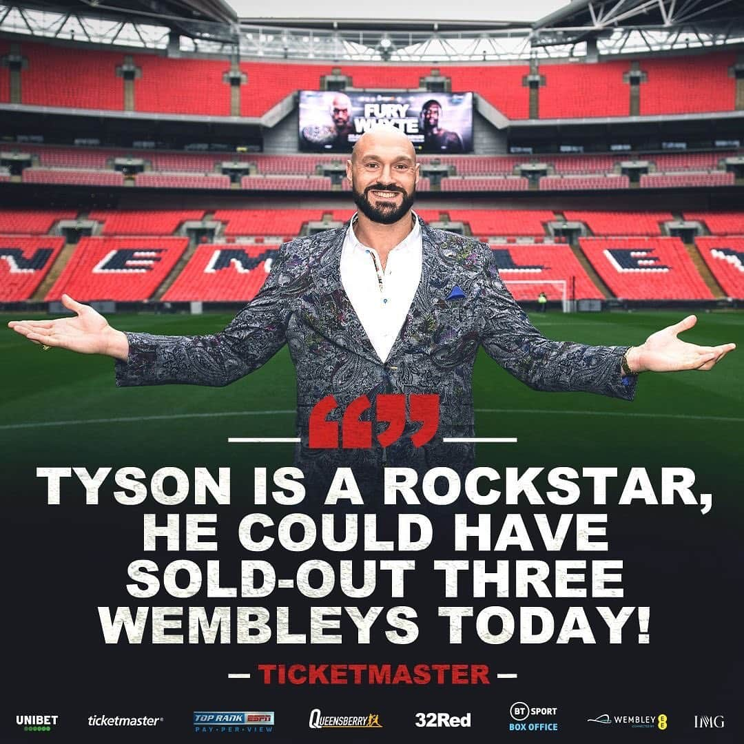 タイソン・フューリーさんのインスタグラム写真 - (タイソン・フューリーInstagram)「“TYSON IS A ROCKSTAR, HE COULD HAVE SOLD OUT THREE WEMBLEYS”  THE MASSIVE HEAVYWEIGHT clash between @wbcboxing champion #TysonFury and challenger Dillian Whyte on April 23 sold in huge numbers today- 85,000 tickets were purchased within 3 hrs!  Fans are advised that only a limited number of tickets remain. A small number of Ticketmaster’s Platinum tickets are still available online, while 5,000 coach tickets are yet to be released. Details for the sale of the remaining coach packages will be announced in the coming days and will be available via ticketmaster.co.uk  Tickets for the all-British collision that takes place on #stgeorgesday at Wembley Stadium connected by EE, promoted by Queensberry in association with @toprank, shown live on @btsport Box Office in the UK and PPV in the US, went on sale at noon on Wednesday via @ticketmasteruk and the demand was instant and at a staggering level. Peaking at 170K in the virtual queue on Ticketmaster.co.uk and drew the comment from our ticketing partners: “Tyson is a rockstar, he could have sold-out three Wembleys today!”  @frank_warren_official have begun the process of applying to the local authorities to extend the capacity to 100,000 fans, which would make it the largest post-war boxing attendance in UK history. Should Queensberry Promotions application to extend the crowd to 100,000 be granted, tickets will be announced in due course and again, will be sold via Ticketmaster.  Promoter Frank Warren commented: "I always imagined that this fight wouldn't be a hard sell so I am happy we opted to stage it in the biggest and best venue in the #uk This illustrates just what a big draw Tyson has become, his personality is infectious and he truly is a champion of the people.  "He is also the No.1 heavyweight in the world and one of the most recognised sportsmen on the planet. I am thrilled that we are bringing him back to Britain to perform on the biggest stage of all against Whyte and a domestic dust-up that will be the biggest boxing event of the year.  "I would like to take this opportunity to thank the fans for their incredible support of this event and we will be in for some night on 04/23 @wembleystadium ”」3月3日 5時02分 - tysonfury