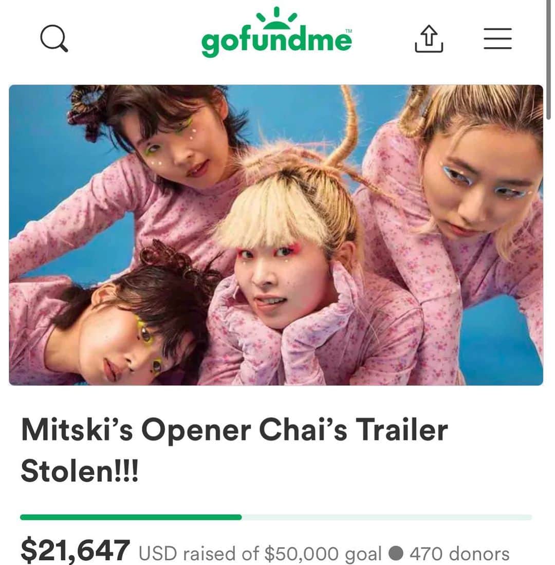 のインスタグラム：「友達バンドのCHAIがアメリカツアー中にトレーラーをパクられてピンチとのことでクラファンやってるそうです。 異国の地でがんばってる彼女らに心ばかりの救いの手を。  My friend’s band “CHAI”‘s trailer has been stolen on their U.S tour. And they started crowdfunding. You can donate on this site.  https://www.gofundme.com/f/mitskis-opener-chais-trailer-stolen?utm_source=customer&utm_medium=copy_link_all&utm_campaign=m_pd+share-sheet  #chai #alexandros」