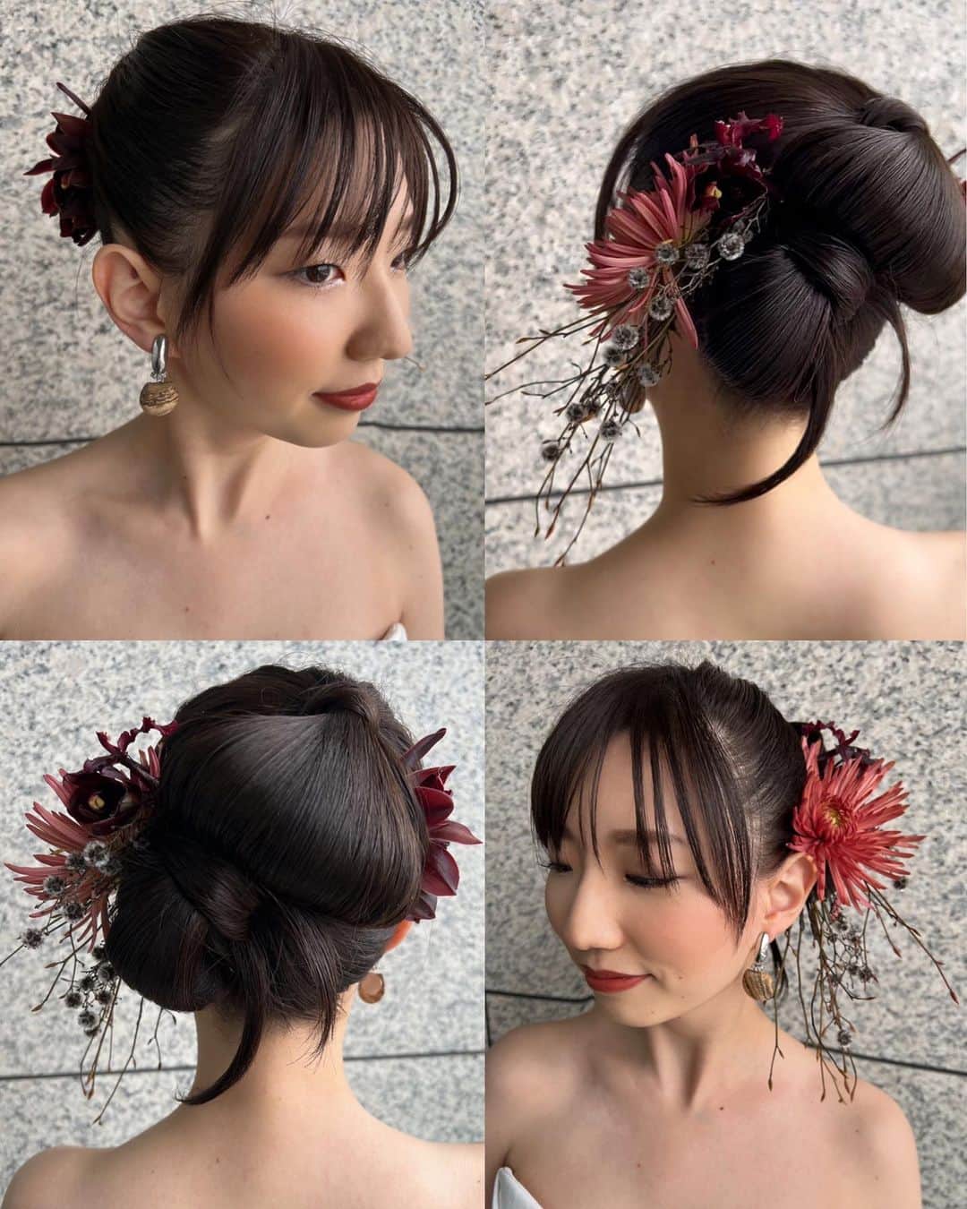 服部由紀子のインスタグラム：「パレスホテルでご指名頂きました。  少し人と違った自分らしさの個性を表現したい！と。  お花もプロデュースさせて頂きました♪  面を大切にしたアップヘア。  それ以外のスタイリングも全く違う表現をして、  1日中ヘアメイクを楽しんでくれました。  お任せしてくださってありがとうございました😊  アクセサリー @fio_da_aranha 東京 @ceu.tokyo  名古屋 @ceu_wedding   ※ウェデングの当日、前撮りのご依頼はサロンにお問い合わせください♪ 私が埋まっている場合、 私の代わりに同じ想い、同じ技術のスタッフもいます😌✨  東京 03-6712-6422 名古屋 052-746-9009  ーーーーーーーーーーーーーーーーーー  #プレ花嫁#東京花嫁#横浜花嫁#前撮り#結婚#大阪花嫁#ホテルウェディング#出張ヘアメイク#和装ヘア#ヘアメイク#白無垢ヘア#パレス花嫁#関西花嫁#ウェディングブーケ#ウェディングブーケオーダー#ウェディングブーケ#ブーケ#東京前撮り#名古屋花嫁#丸の内前撮り#パレスホテル東京  #前撮りヘア」