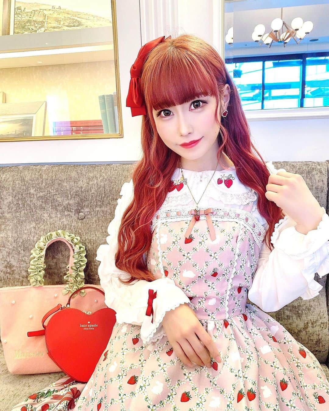 雨宮真梨子のインスタグラム：「⁡ ⁡ いちごちゃんコーデ🐇🍓🎀 ⁡ いちご姫だよ🍓かわいい〜❤️？ ⁡ ⁡ 𝐁𝐥𝐨𝐮𝐬𝐞 ‪‪❤︎ @axes_femme_kawaii_official ‬ 𝐎𝐧𝐞𝐩𝐢𝐞𝐜𝐞 ‪‪❤︎‬ @axes_femme_kawaii_official  𝐇𝐚𝐢𝐫 𝐚𝐜𝐜𝐞𝐬𝐬𝐨𝐫𝐲 ‪‪❤︎‬ 雑貨屋さん 𝐧𝐞𝐜𝐤𝐥𝐚𝐜𝐞 ‪‪❤︎‬ @miumiu  𝐁𝐚𝐠 ‪‪❤︎‬ @katespadejapan  𝐭𝐨𝐭𝐞 𝐛𝐚𝐠 ‪‪❤︎‬ @maisondefleur_press  ⁡ ⁡ ⁡ ⁡ ⁡ ⁡ ⁡  ⁡  #アイドル #japanesegirl #japaneseidol #ootd #カフェ巡り #カフェ部 #横浜カフェ #みなとみらいカフェ #ガーリー #ガーリーコーデ #ガーリーファッション #ロリータ #ロリータファッション #ロリータ服 #ロリータコーデ #ロリィタ #lolitafashion #lolita #sweetlolita #アクシーズファム #axesfemme #lolitagirl #いちごコーデ #量産型コーデ #いちご好き #いいね返し #likeforlikes」