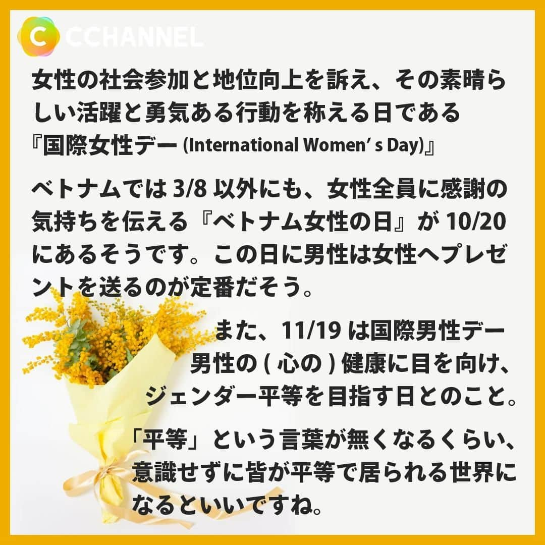 C CHANNELさんのインスタグラム写真 - (C CHANNELInstagram)「3月8日は国際女性デー💐ミモザと考える「女性」の今/ミライ  Follow 🌼 @cchannel_jp 🎵  こんにちは、C CHANNEL編集部のさささです🌱  突然ですが、3月8日は何の日か知ってますか？ 国連によって制定されている「国際女性デー/ミモザの日」です💐  イタリアでは（男性からでも女性からでも）女性に愛や幸福の象徴であるミモザの花を贈り、女性への感謝をするらしいです！  今回はそんな国際女性デーにちなみ、私たち「女性」についてのストーリーアンケートを取りました！ 答えてくださったみなさん、ありがとうございました💕  答えてないけど、私も一言言いたい!!って方、ぜひコメント欄へ✨  女性にとって、地球に生きる全ての人にとって、 平等に生きやすい、平和な日が来ますように。  気に入ったらいいねと保存お願いします♡  ♯シーチャンネルがやってることをやってみた 投稿者募集中✨ C CHANNELのアカウントで紹介されたヘアメイク、DIY、レシピを実際にやって、「#シーチャンネルがやってることをやってみた 」タグを付けてInstagramに投稿してください✨ アカウントで紹介させていただきます😄  #国際女性デー#ミモザ#3月8日#ミモザの日#女性#女性の生き方#女性の働き方#性別#ジェンダー#ジェンダー平等#生理#生理の貧困#固定観念#差別#妊娠#出産#ライフイベント#将来#将来設計#平等#ライフデザイン#ライフワーク#持続可能#ダイバーシティ#多様性#sdgs#sdgsjapan#cchanライフスタイル」3月6日 17時50分 - cchannel_jp