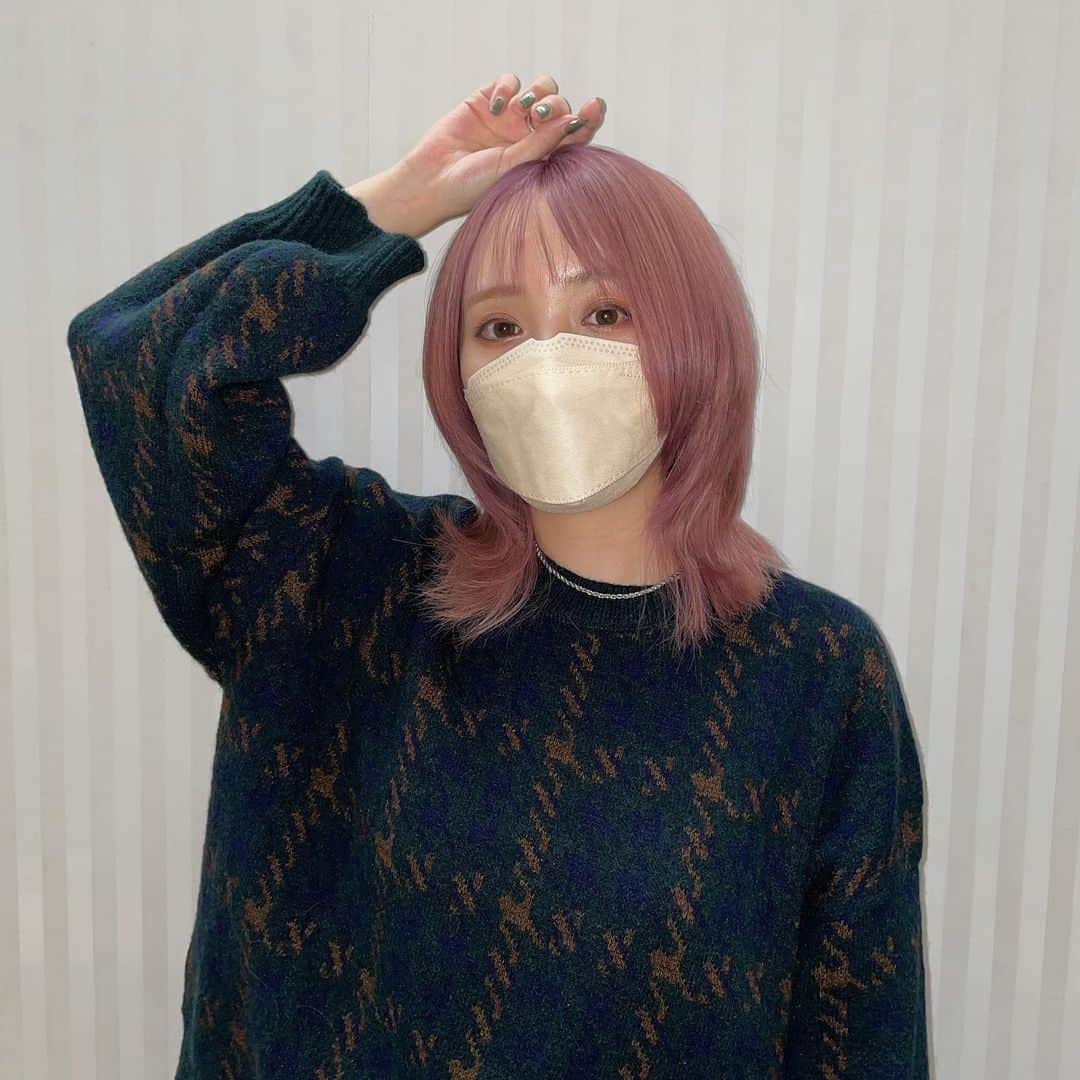 加藤愛永のインスタグラム：「髪の毛染めた🍮 ハイトーン気に入りすぎてる🥳 . 前回は結構赤‼️強めだったんだけど 今回はピンク？レッド？パープル？ ぽくしてもらったよ！ 量もだいぶ少なくしてもらって スッキリサッパリ✂︎ これで前髪切りすぎたのも目立ちませんね✂︎ . ノーマルカメラのフラッシュ無加工(2枚目)で めちゃくちゃ可愛いハイトーン推しです‼️ 襟足育ってて可愛い‼️ . . #ハイトーンカラー #ウルフカット #ピンクパープル #ウルフボブ #ハイトーン #ハイトーンボブ #パープルカラー #ニューカラー」