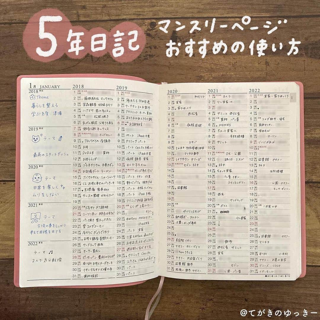 てがきのゆっきー のインスタグラム：「5年日記 🌸 ⁡ わたしが一番おすすめしたい日記帳、 #5年日記 （高橋書店 #5年卓上日誌）のマンスリーページです🕊 ⁡ 今月のテーマとその日のことがわかる一言 を書いています！五年間書くとこんな感じ！ ⁡ だいすきなお友達も4月から5年日記を はじめるよって教えてくれたので 4月から使い始める方にも参考になれば！ と思って載せてみました🌷 ⁡ 6枚目は以前投稿したものです☺️ ⁡ #五年日記 #5年日記帳 #高橋書店 #5年卓上日誌 #日記 #日記帳 #手帳の中身 #手帳タイム #手帳の使い方 #マンスリーページ #今月のテーマ #行動記録 #書くことが好き #一言日記 #手書き加工 #手書き文字」