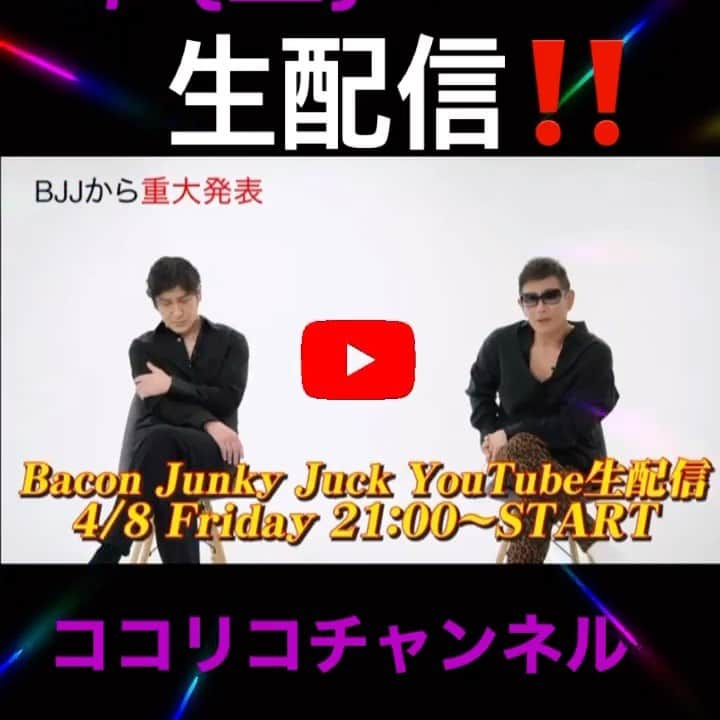 ココリコのインスタグラム：「4/8(金)21:00〜 なんと、あのBJJこと、Bacon Junky juckがココリコYouTubeにてYouTube生配信します🎤‼️ 是非ご覧下さい‼️  #ココリコ#遠藤章造#田中直樹#ココリコチャンネル#bjj#ベーコン#ジャンキー#ジャック#bacon#junky#juck#生配信」