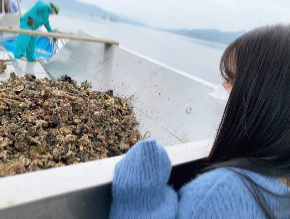 矢野帆夏のインスタグラム：「🦪水揚げ。  広島の海は牡蠣筏がいっぱい浮かんでて  その下はこんな大きい牡蠣の養殖されてるのビックリ！  船からこんな近くで見れる事は なかなか無いので貴重な見学でした✨   県外の方はこういうの見た事ある？？  牡蠣打ちの体験したのまたレポしますするねー！ @emohaku_etajima   #江田島#えたじま#広島県#牡蠣 #えも博#えたじまものがたり博覧会  #牡蠣水揚げ#牡蠣打ち#海#筏 #etajima#setouchi#hiroshima #oyster#experience#Sea#🦪 #follow#Japanese#culture #STU48#矢野帆夏#門林水産#yanohonoka」