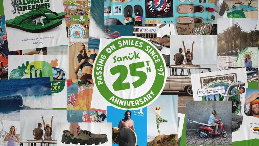 サヌークのインスタグラム：「Join us on a dive 🪂 into some serious Sanuk heritage with the man who started it all, @sayheyjk. Cheers to 25 years of passing on smiles, grinnovation and journeying to happy places!」