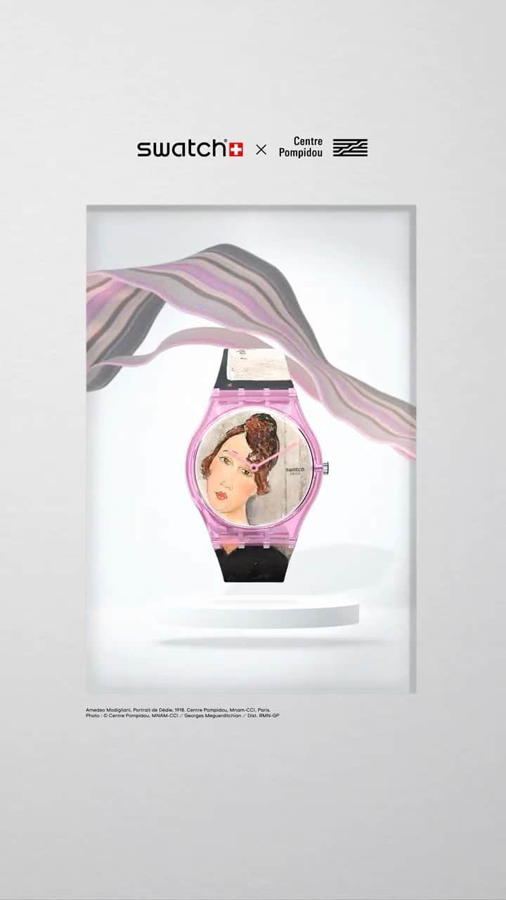 Swatchのインスタグラム：「A metallic finish and a vibrant pop of pink frames one of Modigliani's iconic portraits - Portrait of Dédie -  on our Gent watch. The artist's signature adds a special touch on the strap.​  @centrepompidou  #SwatchXCentrePompidou #SwatchLovesArt」