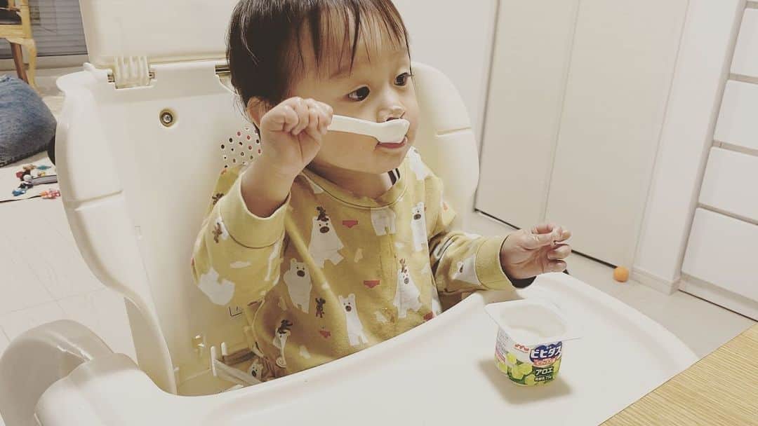 右手愛美のインスタグラム：「スプーン使いが上手です😆👏 ・ ヨーグルト大好きです。大好きな物だらけなので、助かります！！ #1歳3ヶ月#次男#男の子#よく食べる#食いしん坊#万歳」