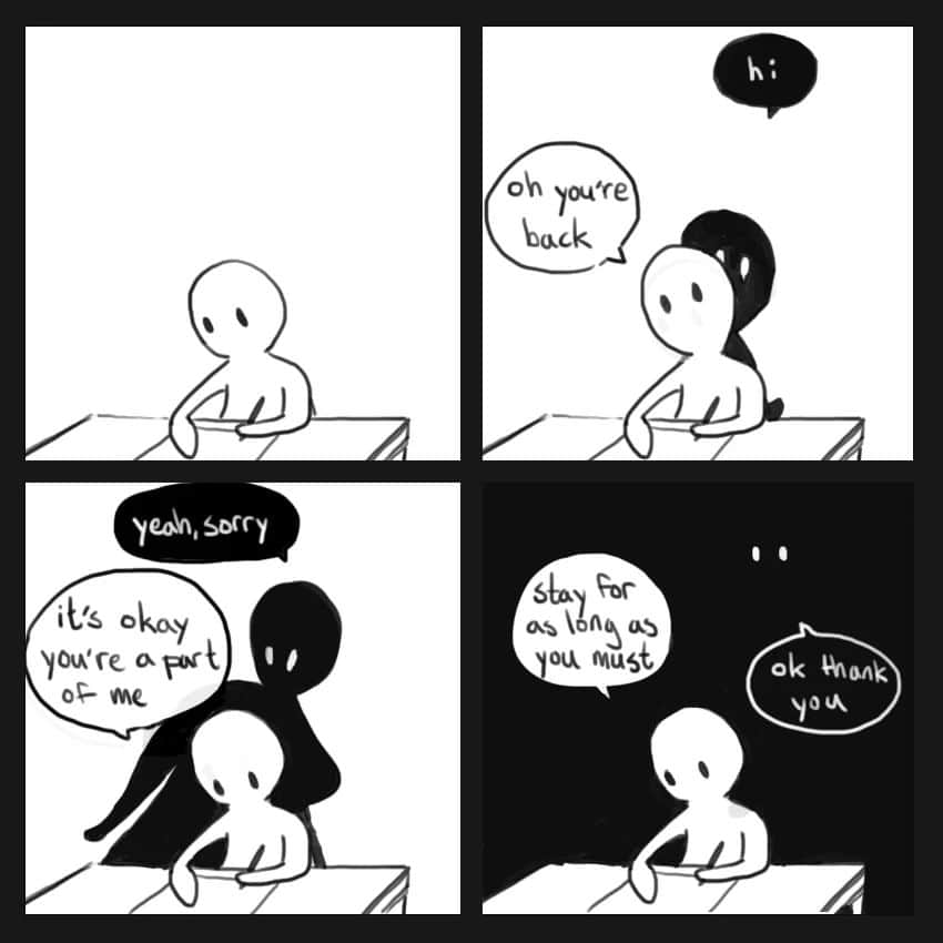 ハナー・ハートのインスタグラム：「"stay for as long as you must" 🙏🤍🖤 saw this on reddit the other day and saved to my phone so I can look at it periodically - one of the best and most accurate descriptions of "Depression as Passing Companion" I've ever seen! Credit: @coralartshack」