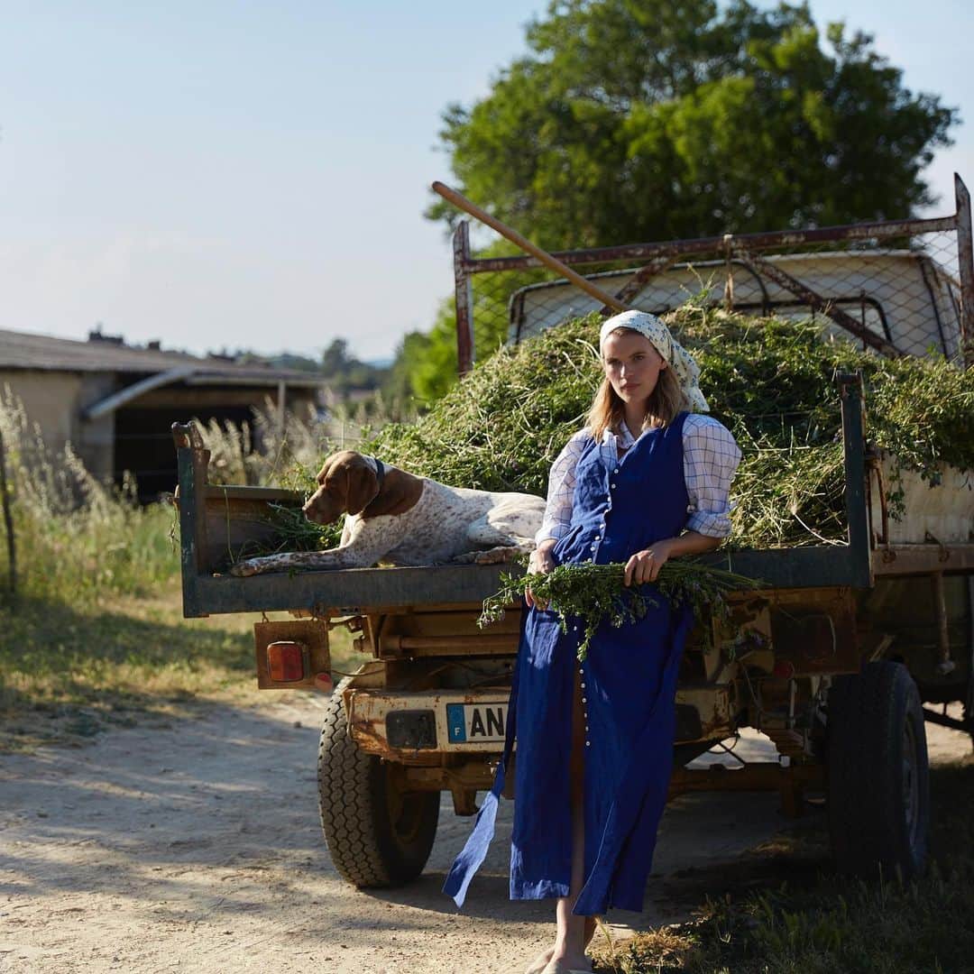 イネスドゥラフレサンジュのインスタグラム：「The countryside 🌻new collection: the Noa shirt, the Ambre dress and the Lucky blue scarf available online and in stores. - La campagne👒nouvelle collection : la chemise Noa, la robe Ambre et le foulard Lucky blue disponibles en ligne et en boutiques.  #inesdelafressange #inesdelafressangeparis」