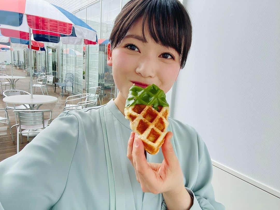 のインスタグラム：「#クロッフル 🧇 食リポではなかったのですが、社内ロケでちゃっかりもらえました✰  ほろ苦い抹茶チョコレートが分厚くかかっていて、罪深い味だなぁ😽  #メーテレ #アナウンサー #メーテレアナウンサー #名古屋テレビ #名古屋 #nagoya #南雲穂波」
